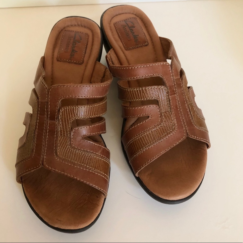 Clarks Artisan SlipOn Wedge Leather Sandals Slides